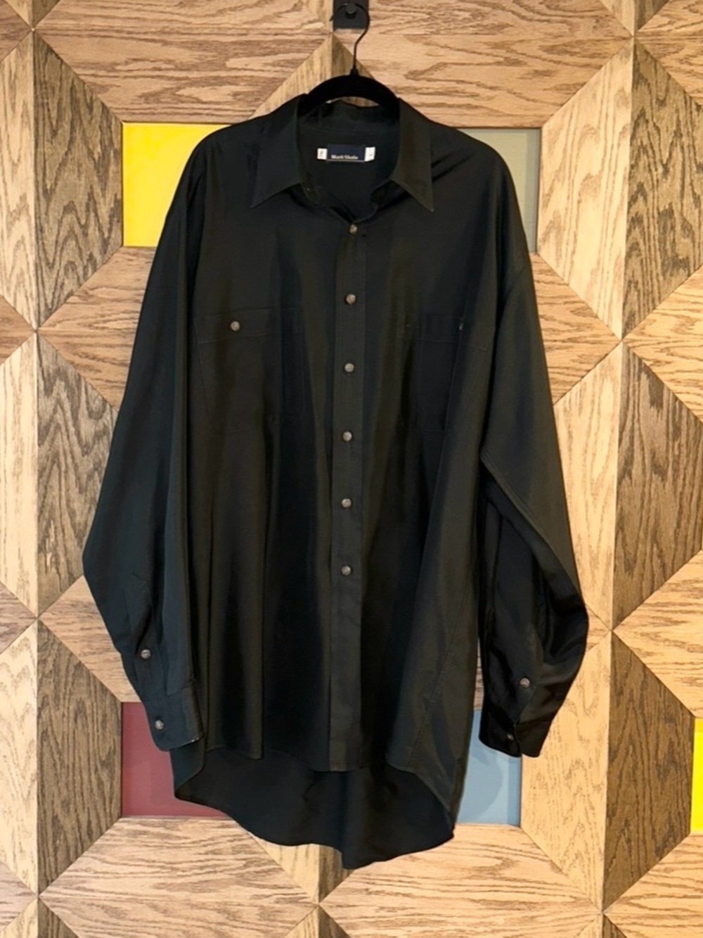 Mark Shale Mens 100% Silk Dress Shirt Black Long Sleeve Button Up Sz L Tall